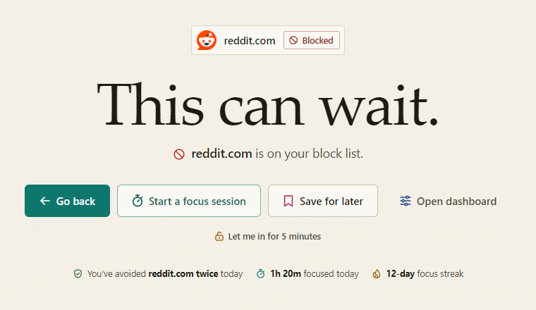 The Stay Focused block page shown instead of reddit.com. The headline reads “This can wait.” Below it: “reddit.com is on your block list”, the buttons Go back, Start a focus session, Save for later and Open dashboard, a “Let me in for 5 minutes” link and today’s numbers.
