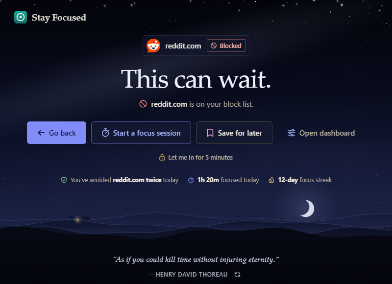 The block page shown instead of reddit.com, in the Night sky scene and the dark theme: stars, a crescent moon and one lit window on dark hills, behind the headline “This can wait.” The Go back button is in the Indigo accent.